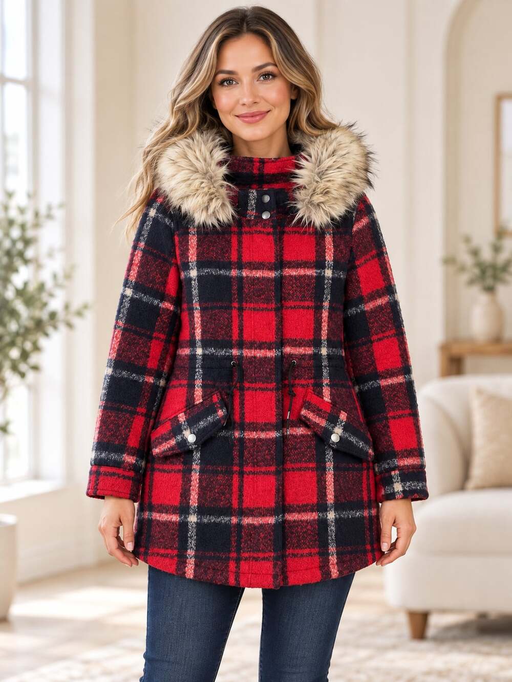 American Eagle Plaid Wool Blend Parka Coat Red Faux Fur Hood Womenโs S